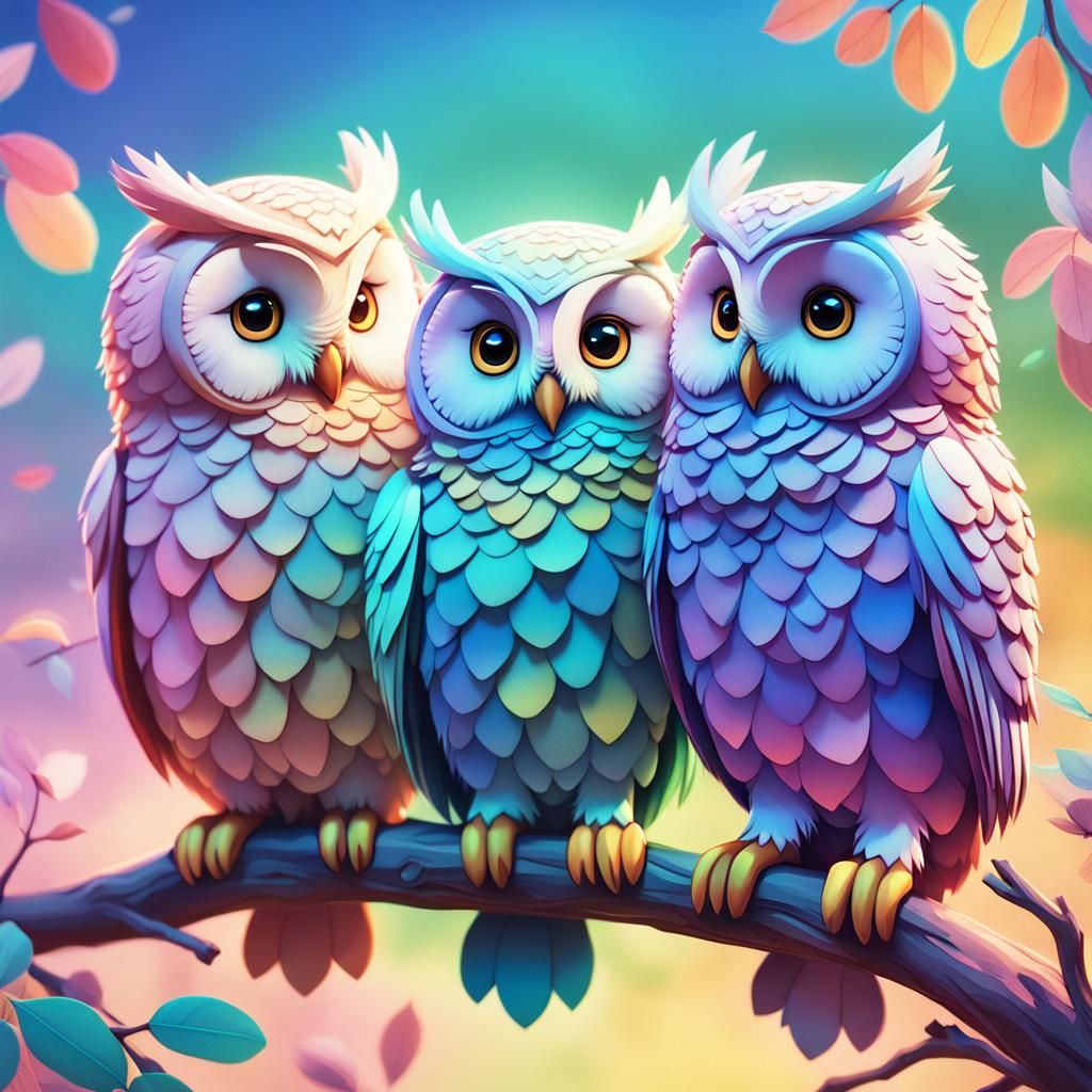 Fluffy Owls on a Branch in 3D Anime Style