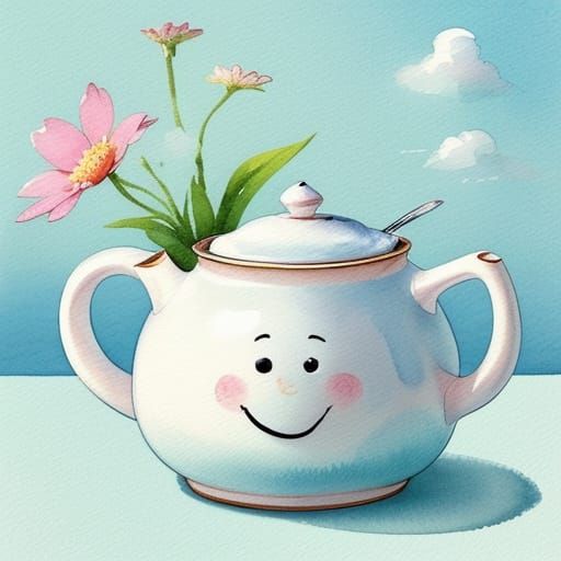 Whimsical Teapot with Flower Handle and Smiling Steam