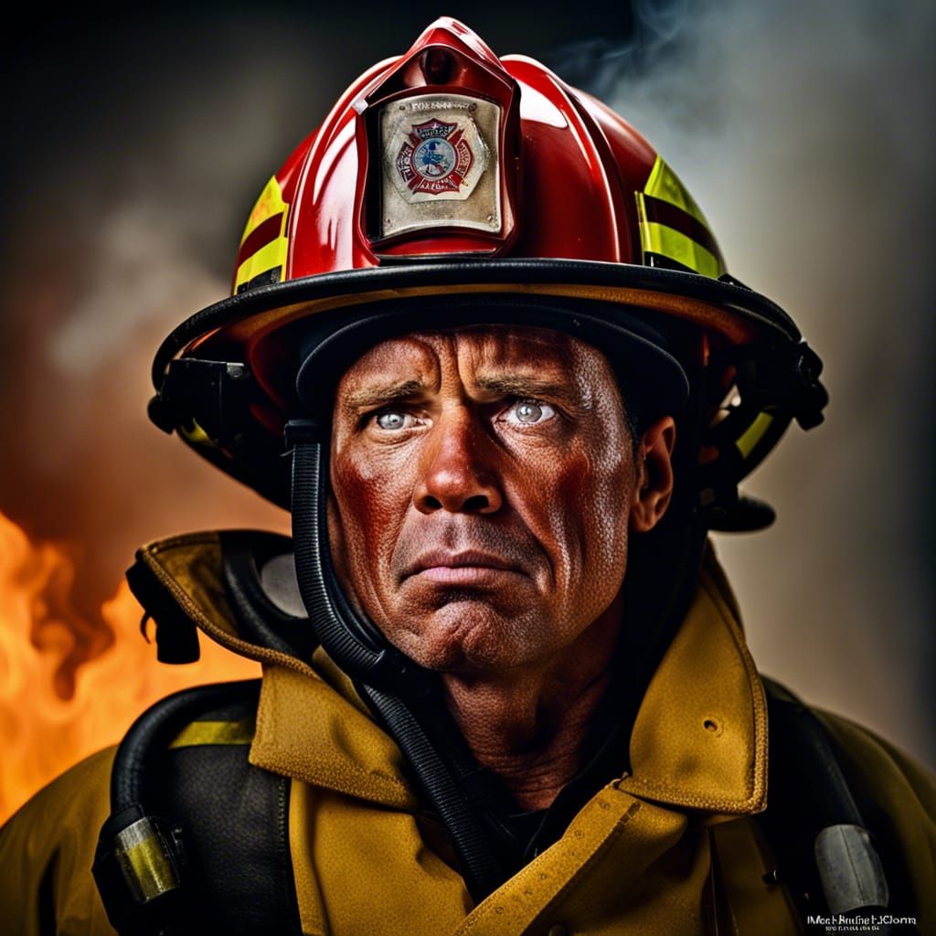firefighters face, tears, despair, sadness, exhaustion, background flames and smoke Close-up portrait, color portrait, L...