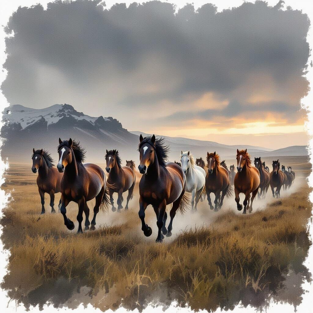 Icelandic Horses Gallop in Watercolor Prairie
