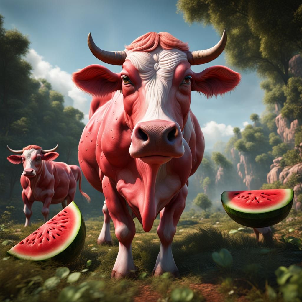 Cow with Watermelon Texture, Detailed Matte Painting