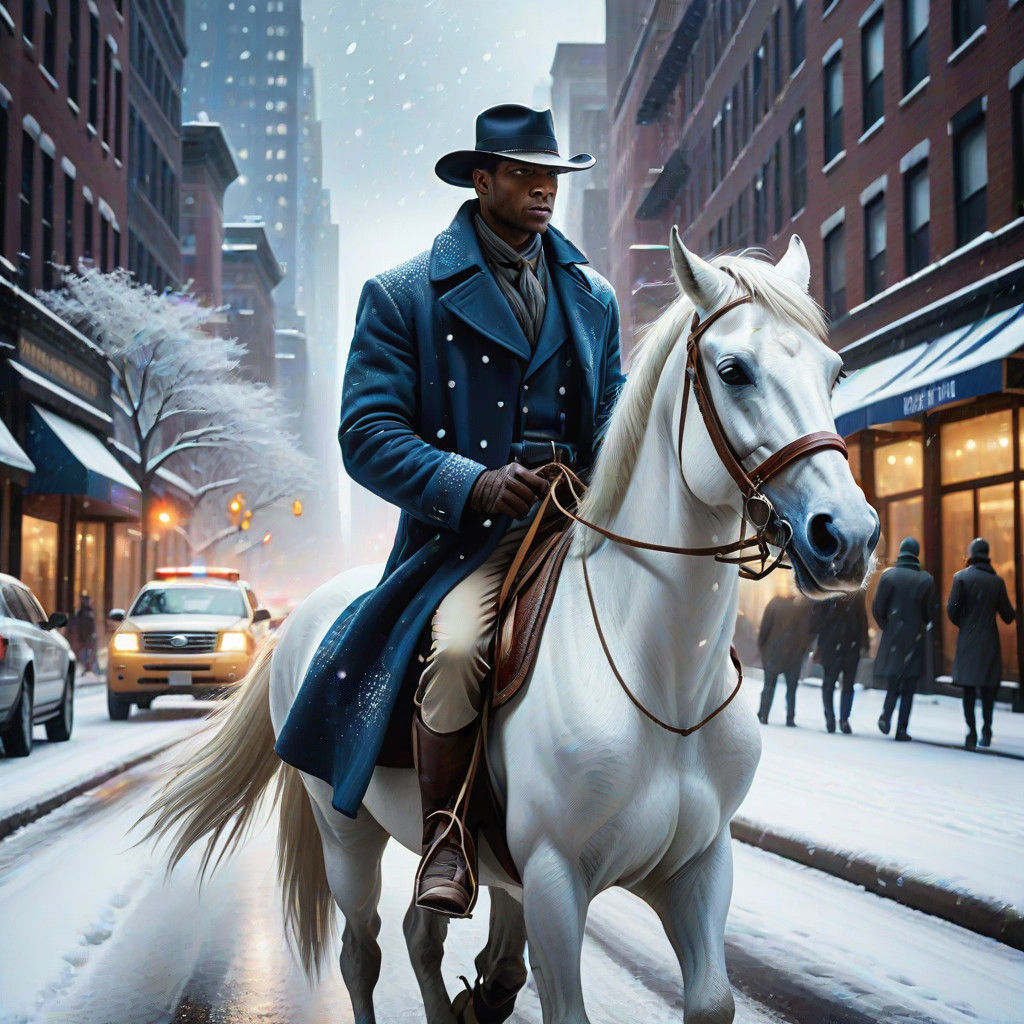 Hyperrealistic Scene of a Young Rider on a White Horse in NY...