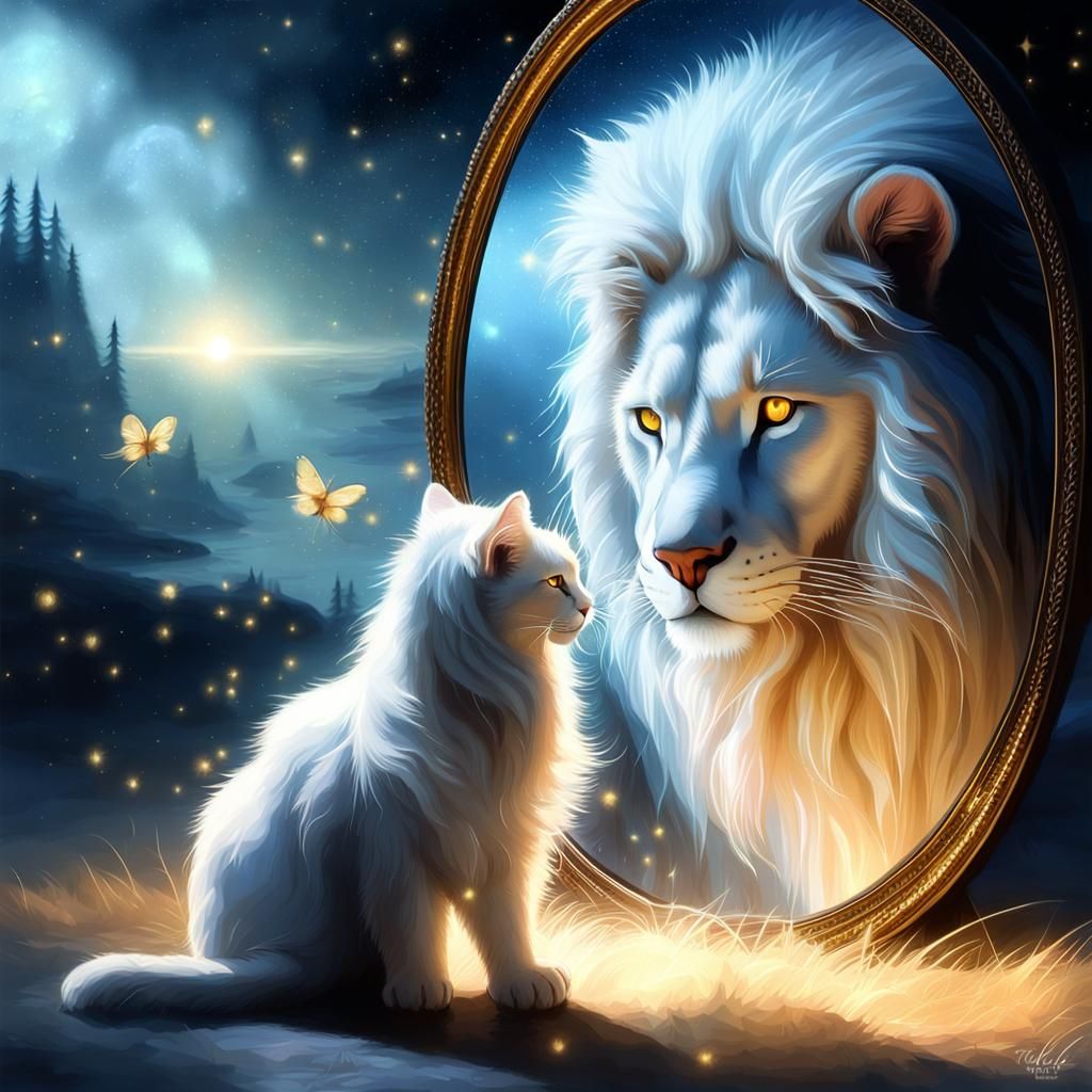 Magical Cat Reflects Majestic Lion: Digital Art