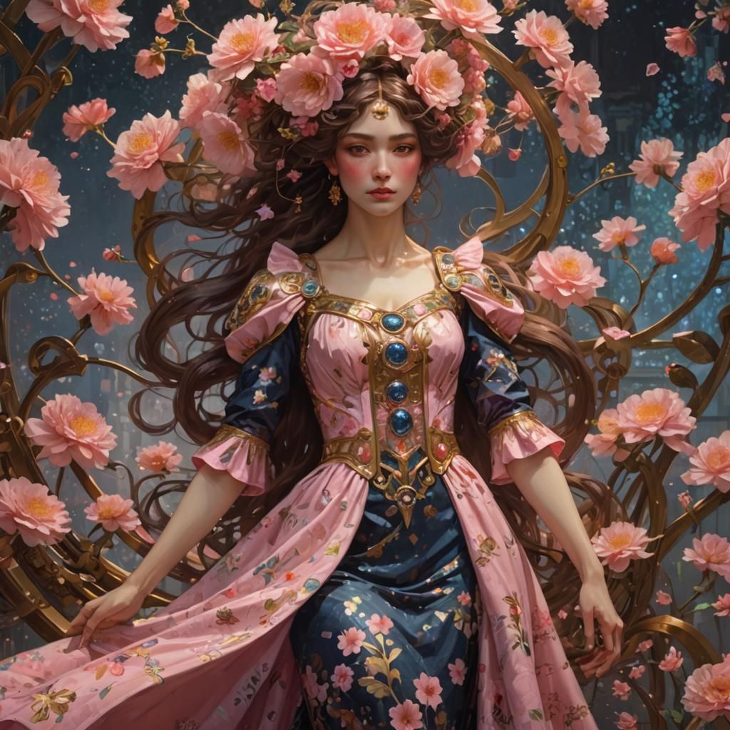 Goddess in Pink Floral Dress, Klimt Style