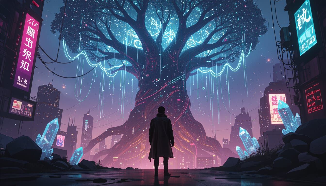 Bioluminescent Tree Towers Over Cyberpunk City