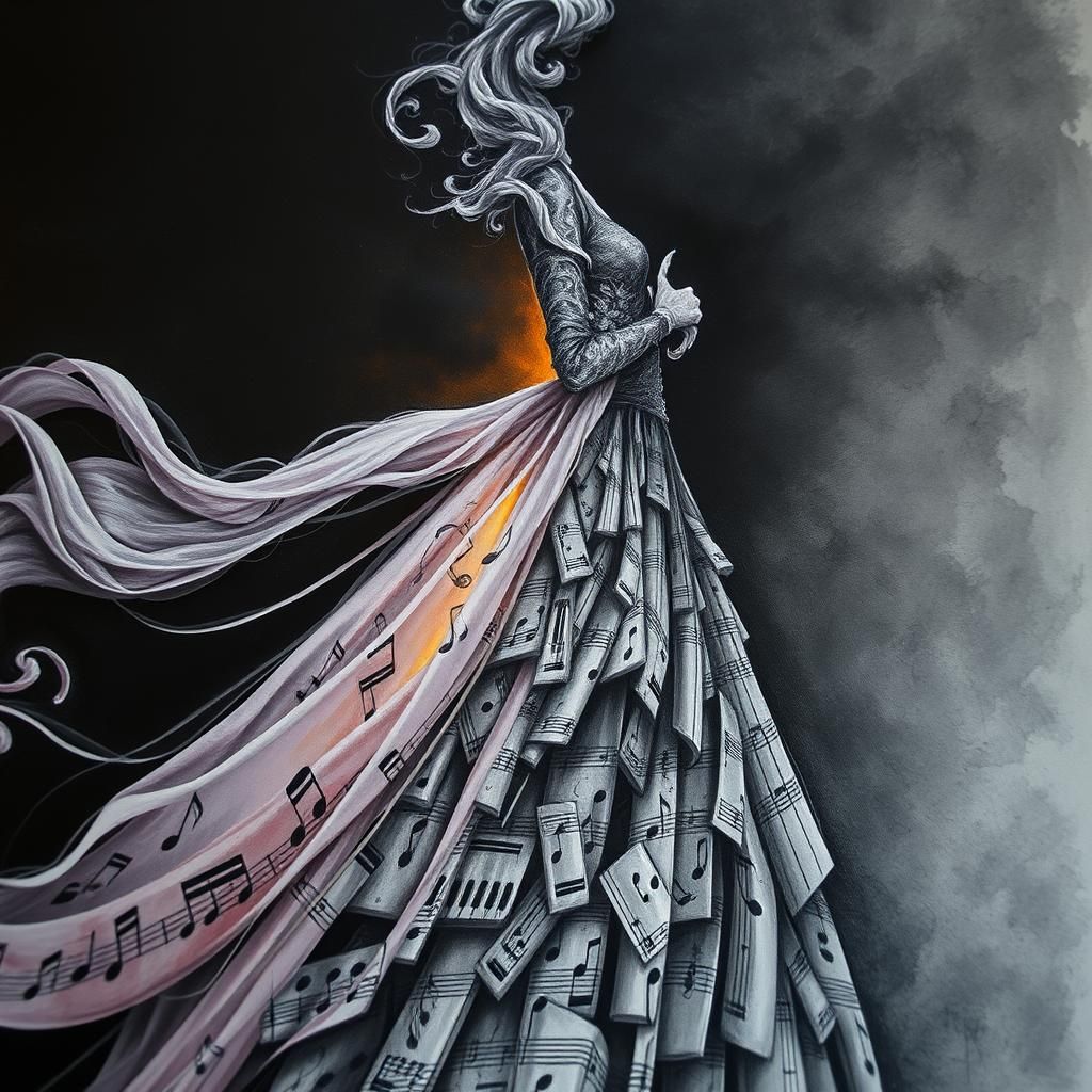 Musical Note Dress in Charcoal Drawing