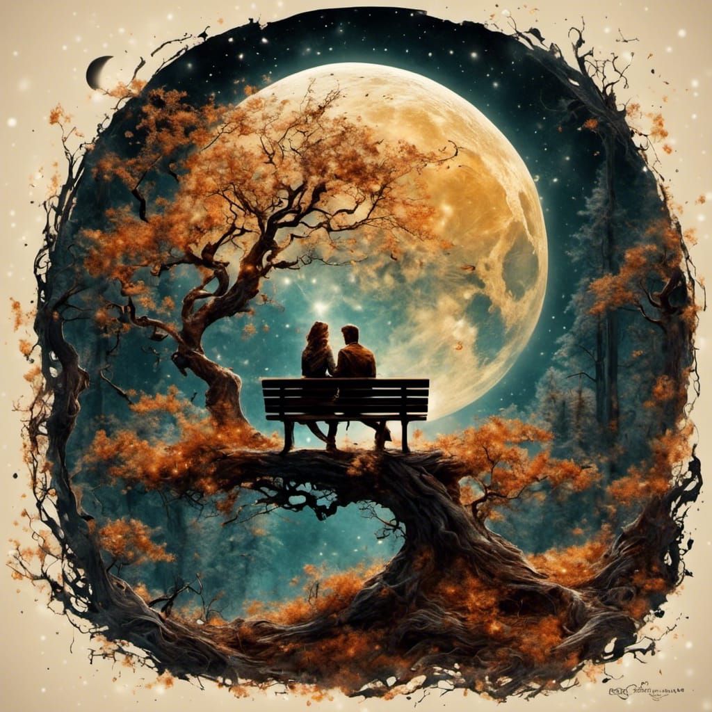 Romantic Moonlit Embrace Under Glittering Trees
