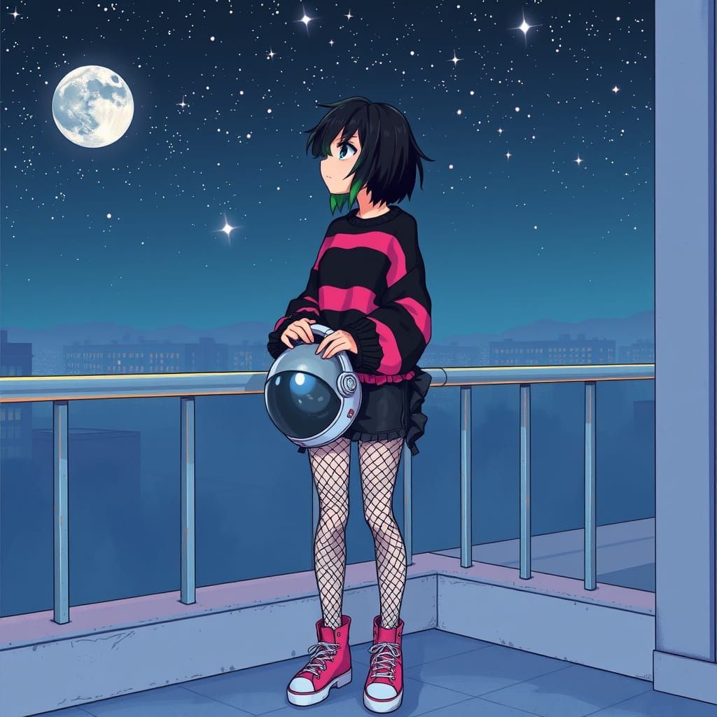 Ethereal Emo Girl Under Starry Night Sky in Dreamy, Vibrant ...