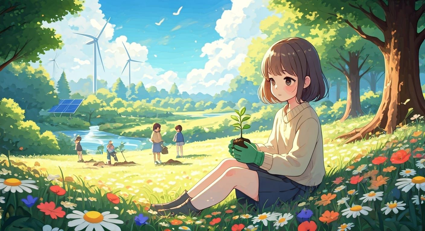 Anime Girl Cradling Sapling in Blooming Meadow