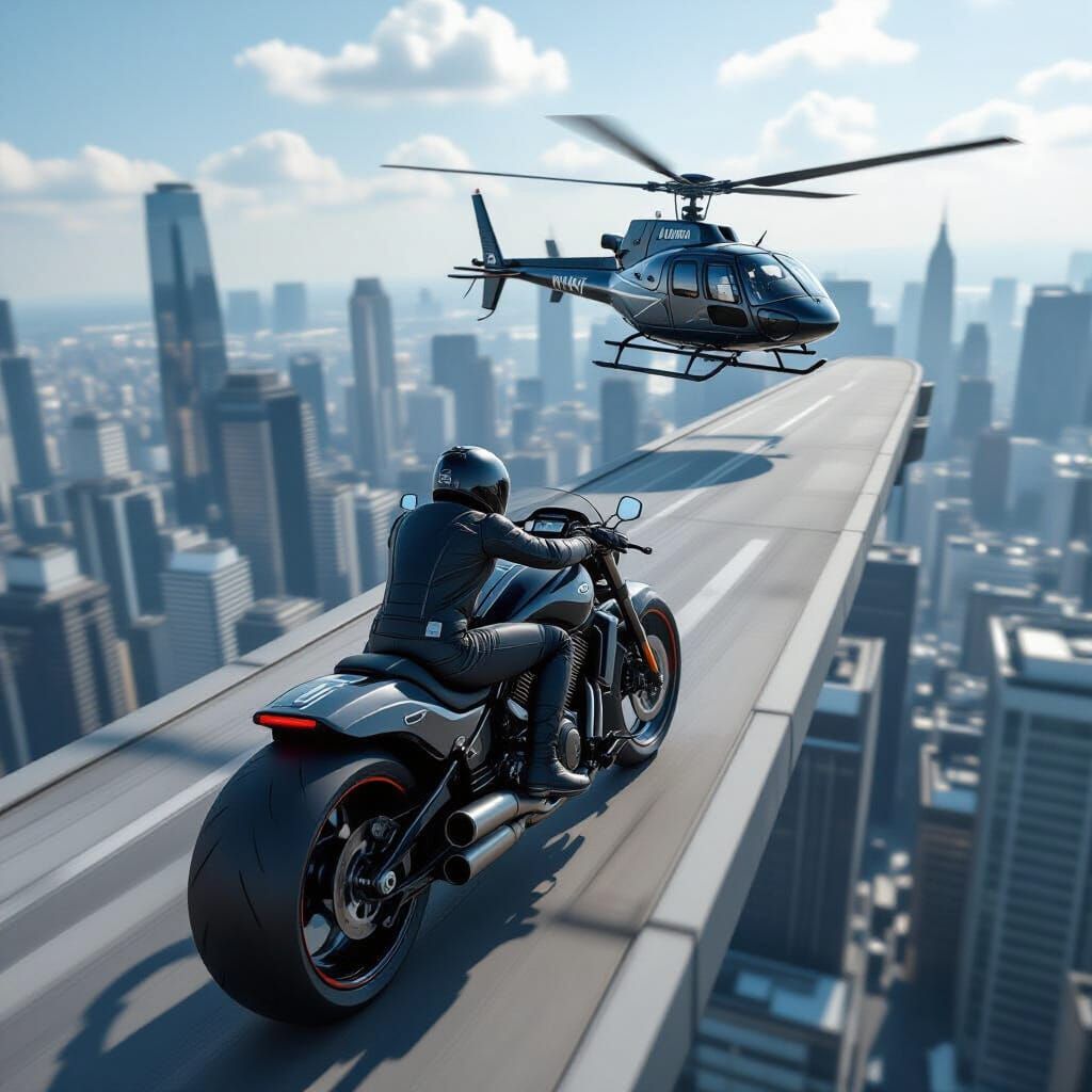Motorcycle Rooftop Chase in Cyberpunk Style