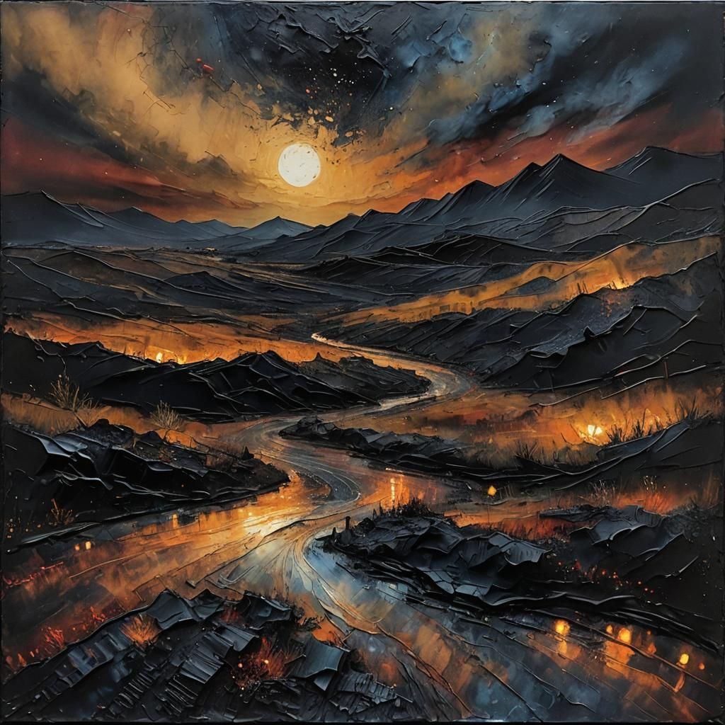 Textured Night Landscape in Encaustic Impasto Style