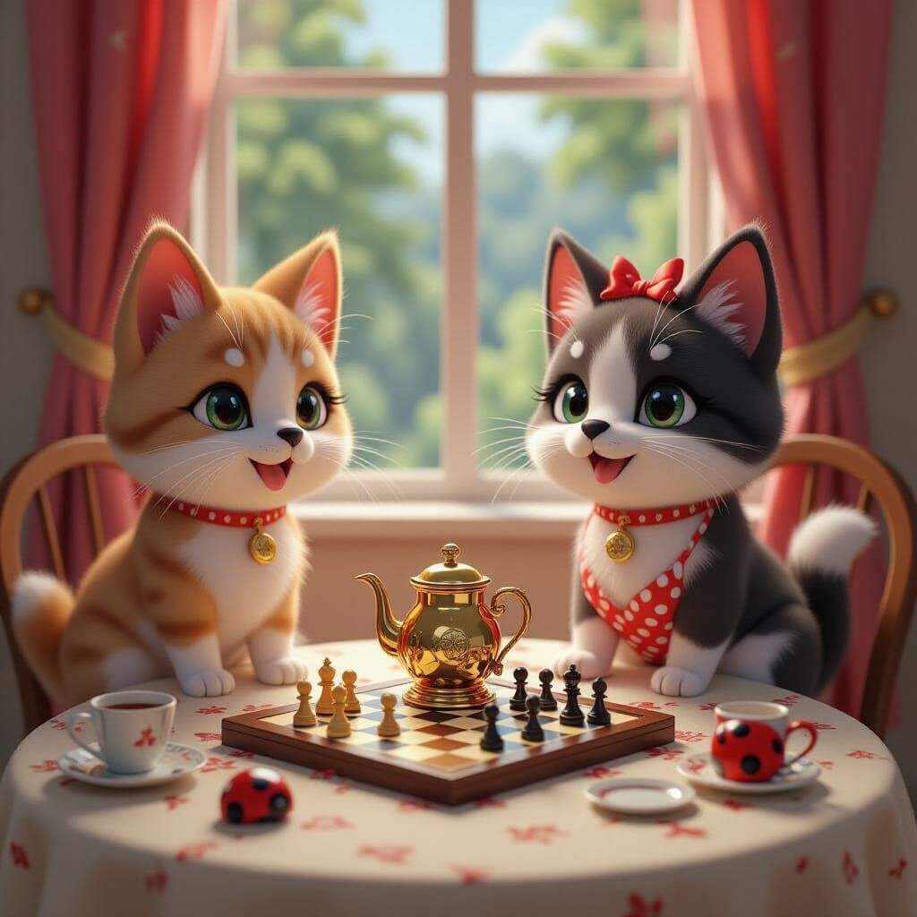 Surreal Scene with Doggy Cats, Shark Ladybirds, and Chess