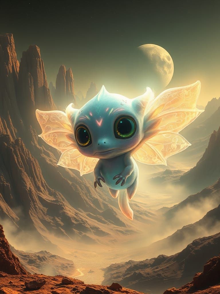 Glowing Martian Baby Monster in Dreamlike Landscape