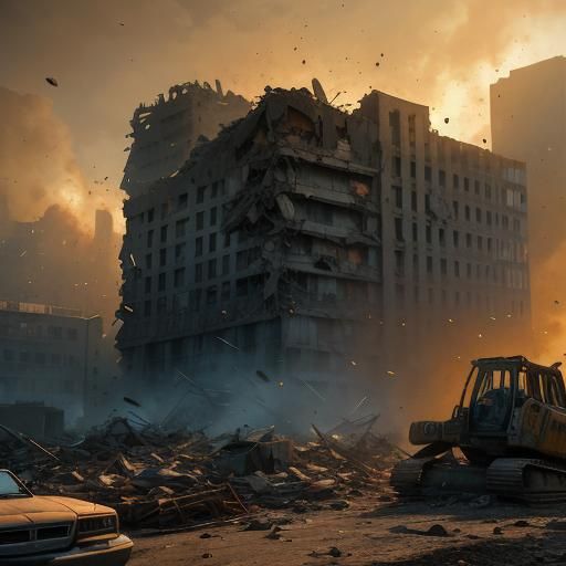 Excavator Demolishes Building in Cinematic Digital Art