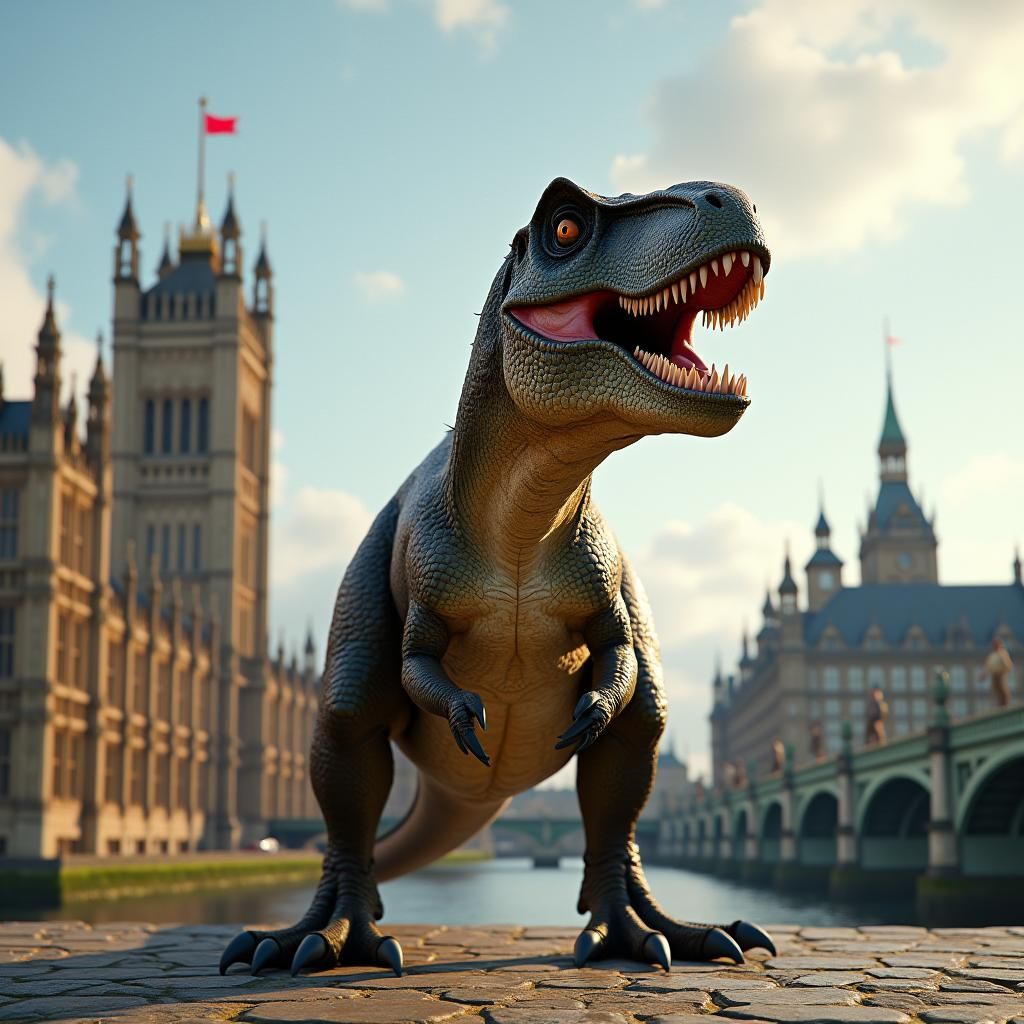 T-Rex at UK Parliament in Hyper-Realistic 8K