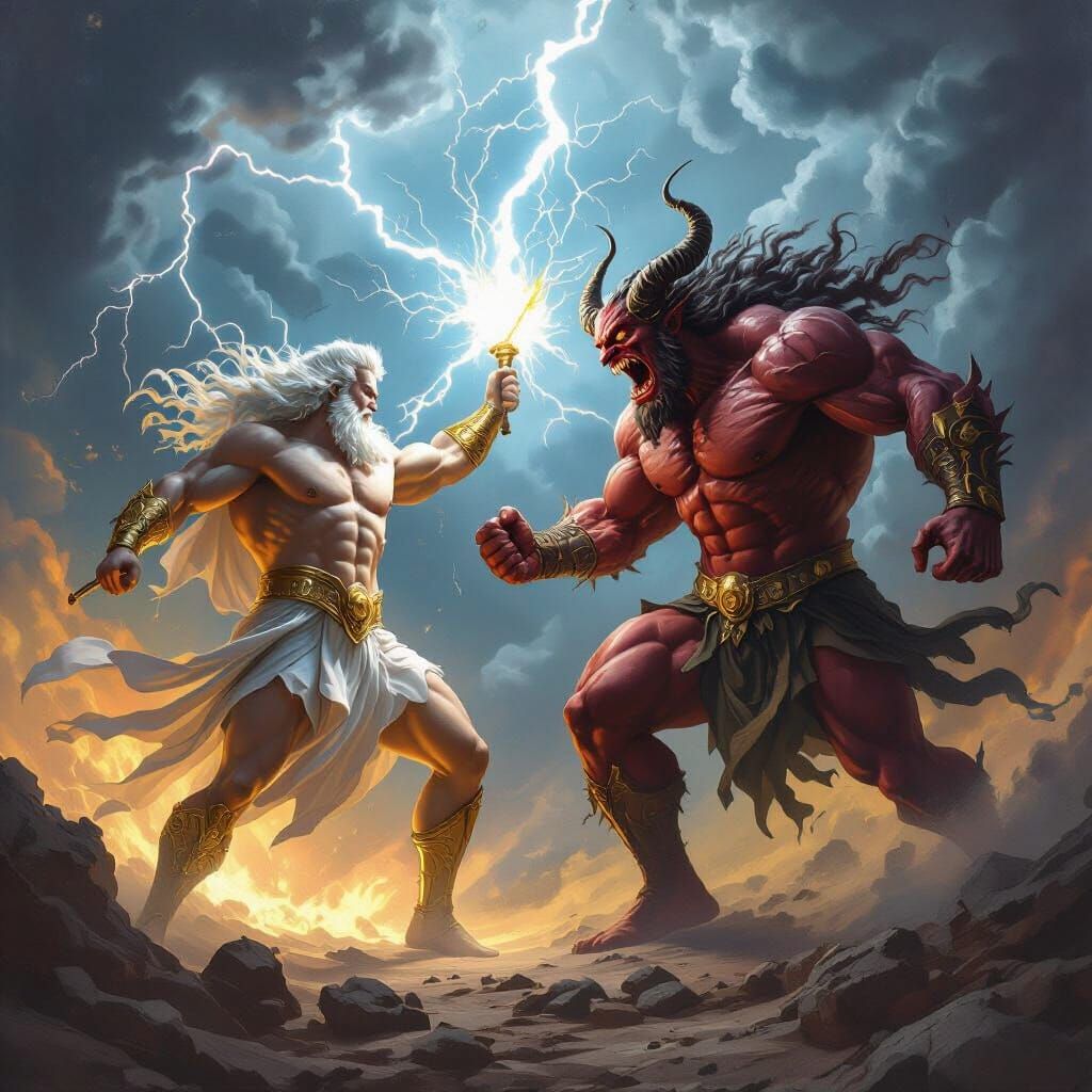 Zeus Battles Ferocious Demon in Stormy Celestial Landscape