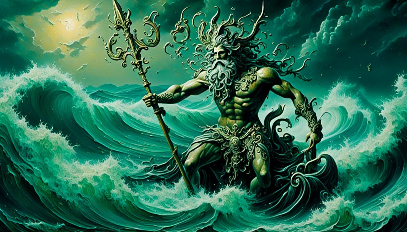 Poseidon in Stormy Sea with Trident