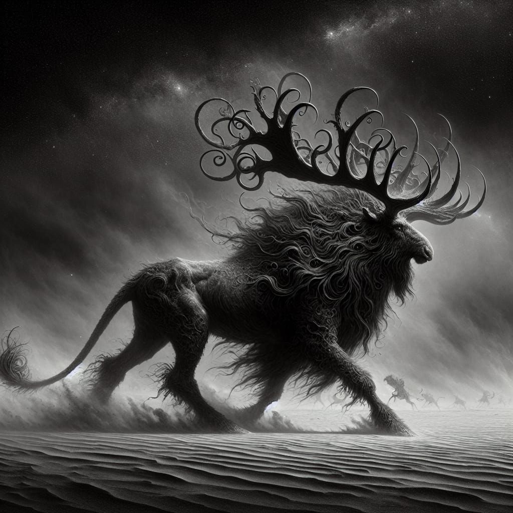 Mystical Moose-Buffalo Creature in Ash Desert: Charcoal Art