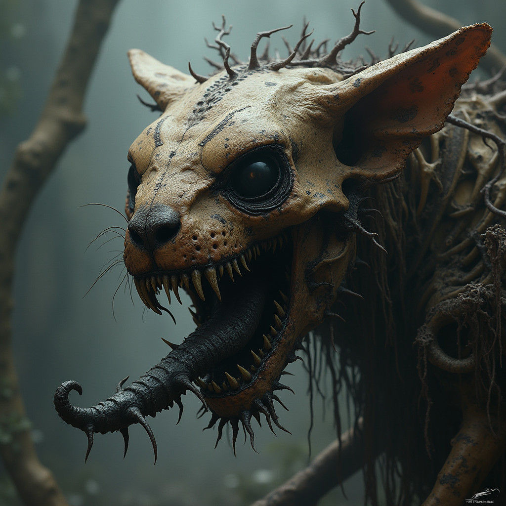 Nightmarish Feline Creature in Gothic Biomechanical Style