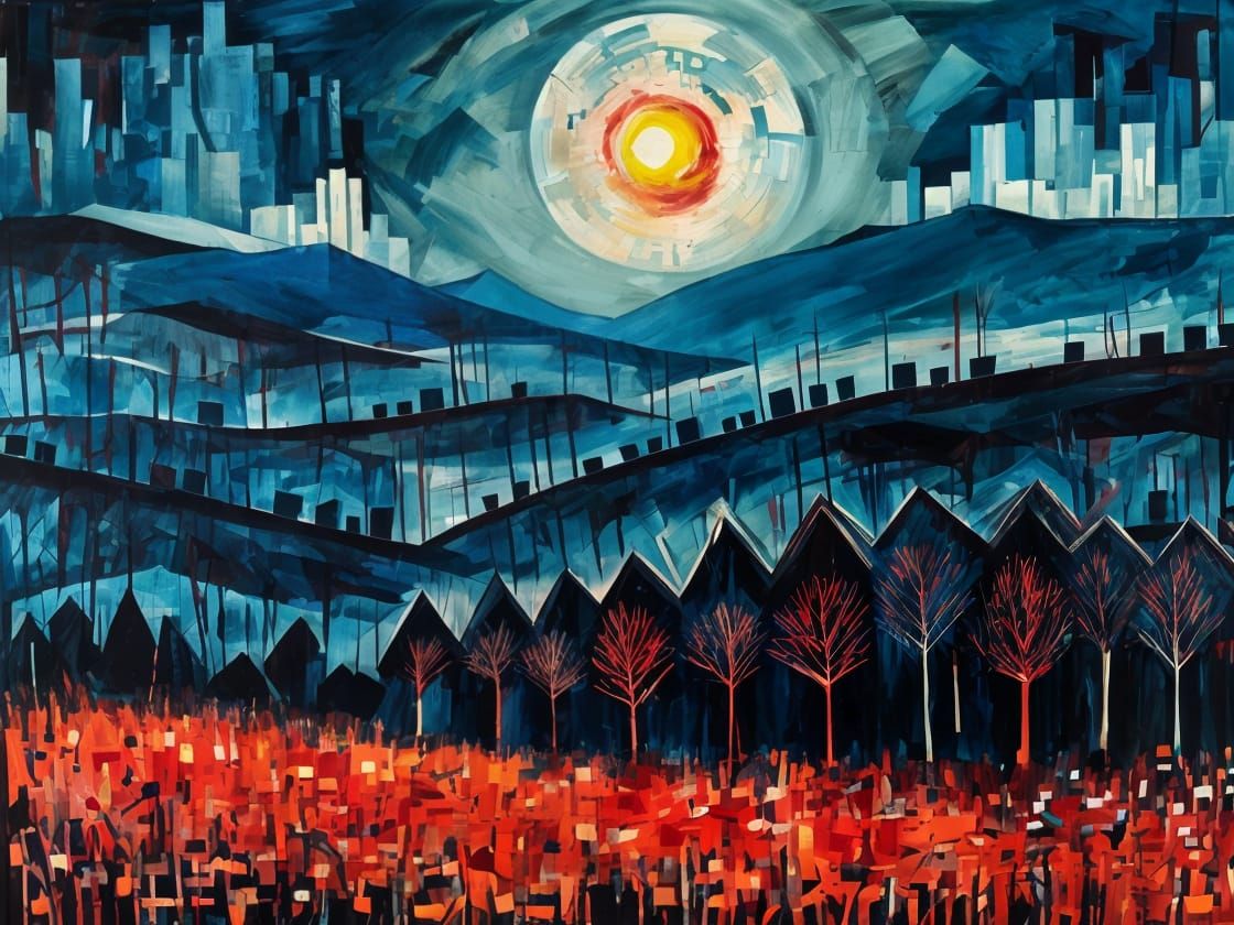 Expressionist Red Field and Blue Woods at Twilight