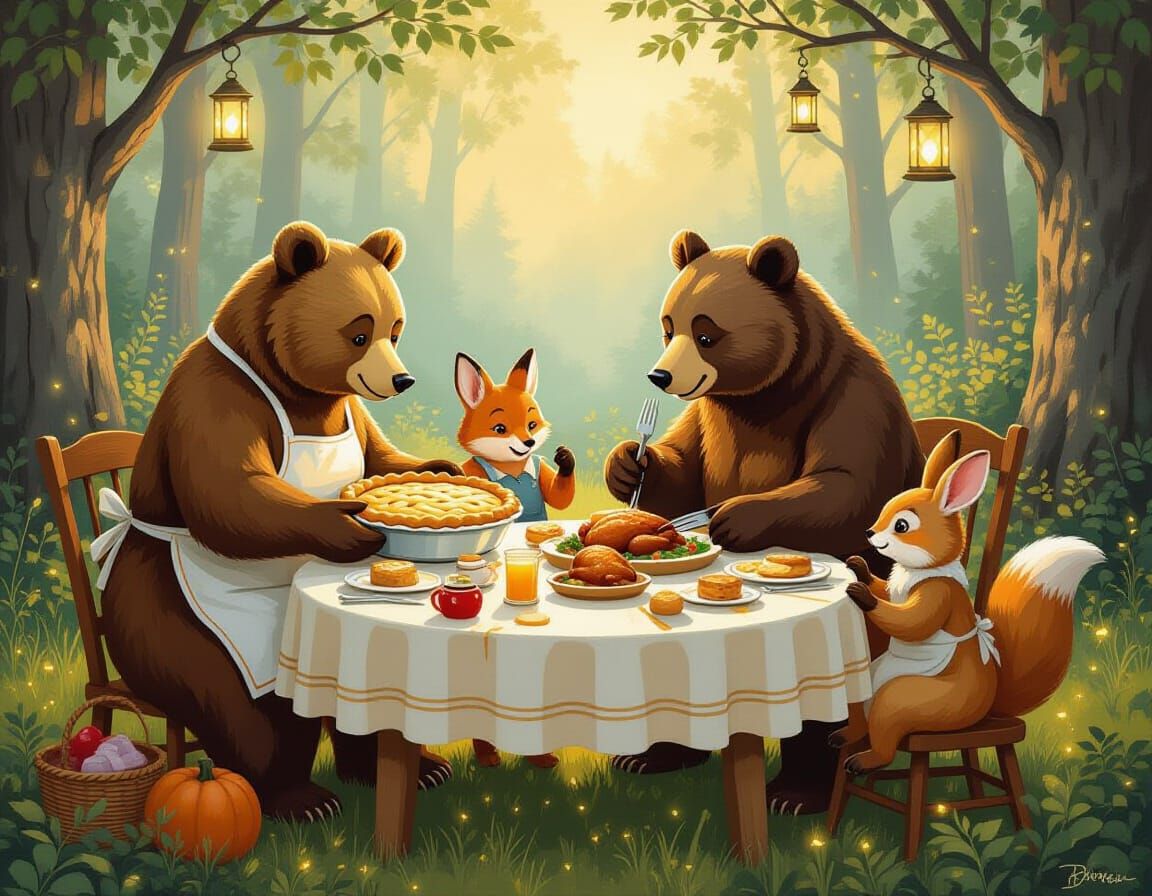 Bear Family Hosts Woodland Friends in Rustic Dinner Oil Pain...