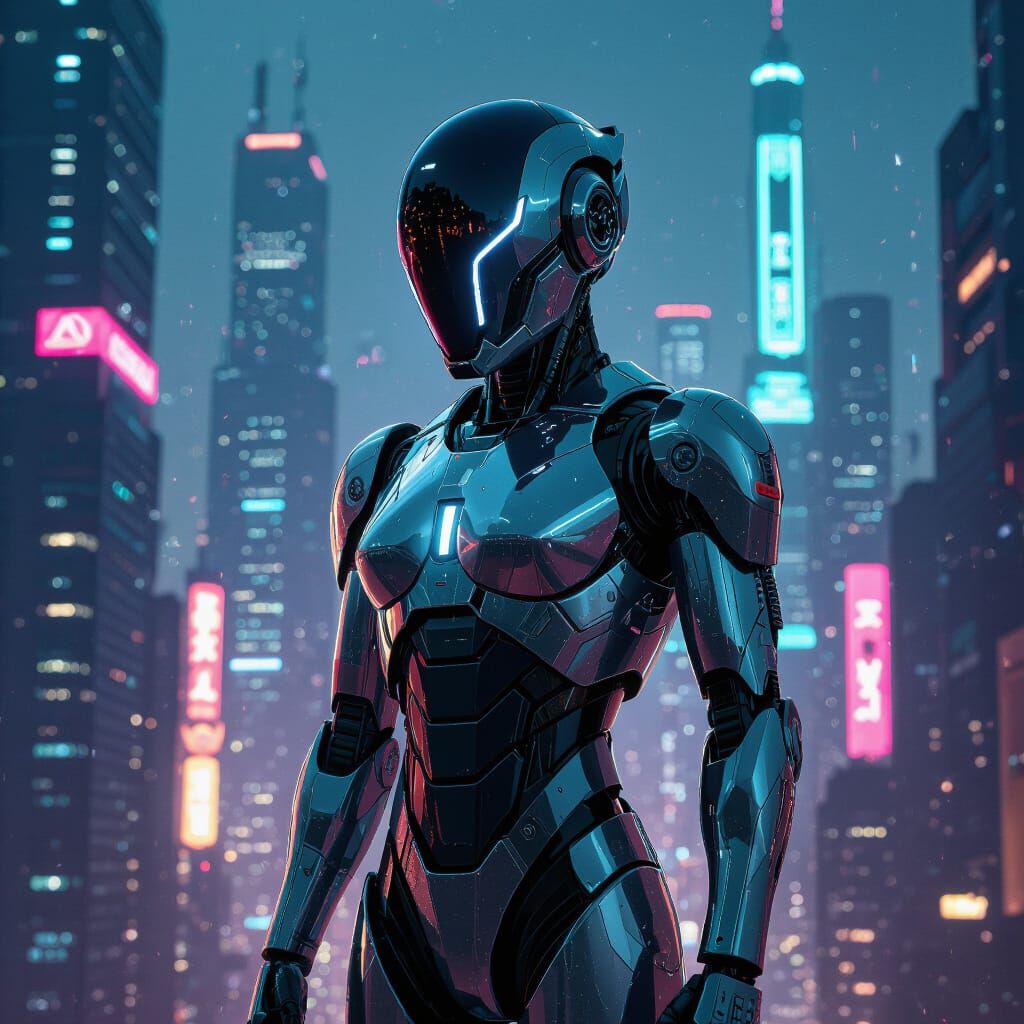 Futuristic Robot in Neon Cityscape, Cyberpunk Aesthetic