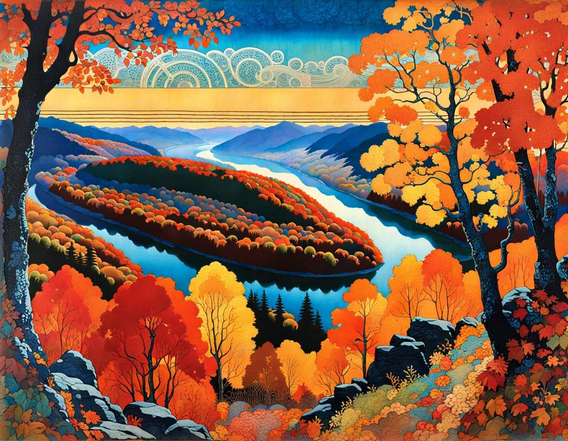 Autumn River Valley Collage in Art Nouveau Style