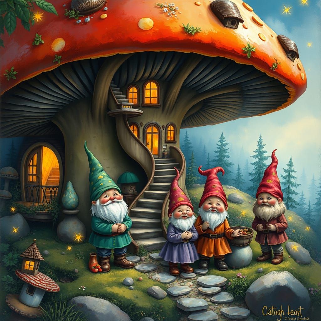 Gnome Family Living in Mushroom Home
