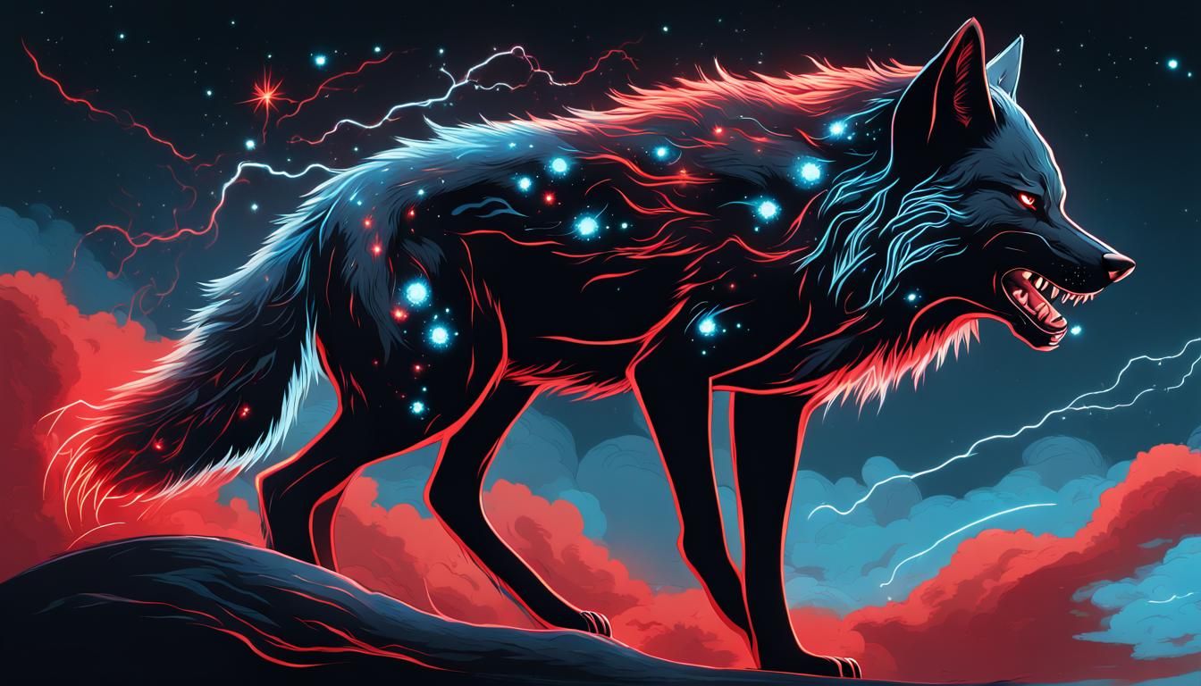 Furious Three-Legged Wolf Howling Under Electric Sky