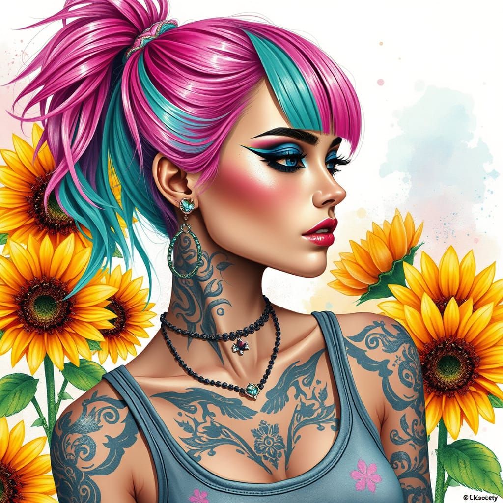 Colorful Woman Portrait with Tattoos in Digital Art Style