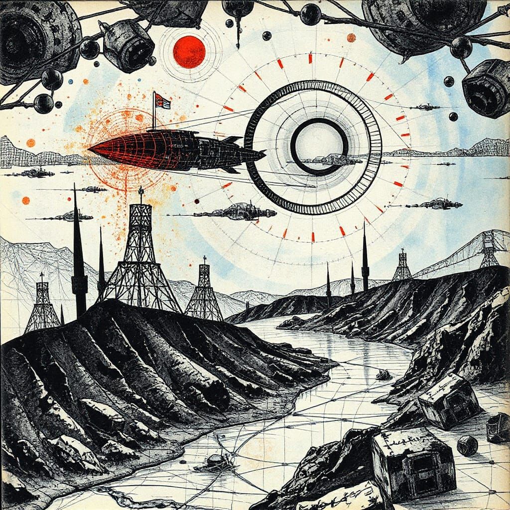 Surreal Landscape with River and Spaceship in Psychedelic Co...