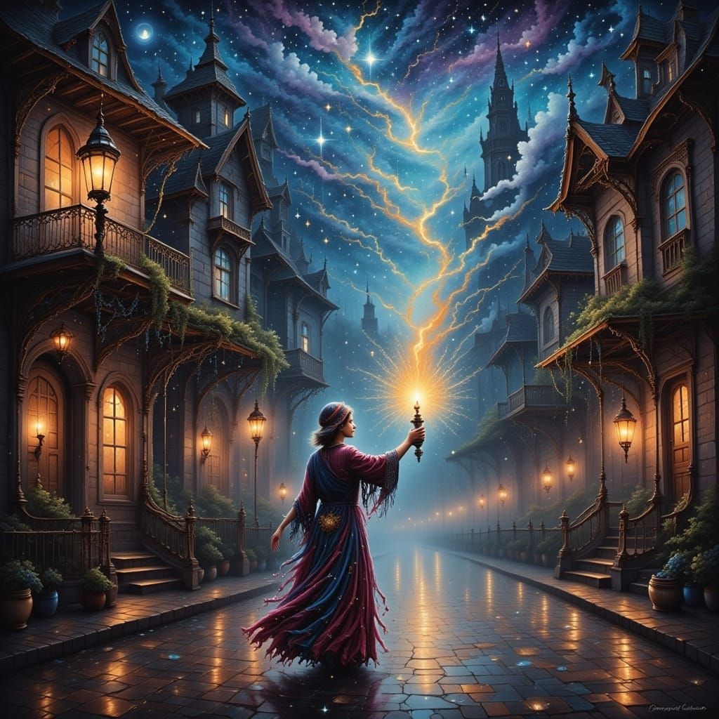 A magician lamp lighter of old Victorian city streets