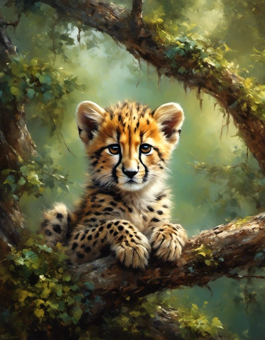 A cheetah cub in a tree