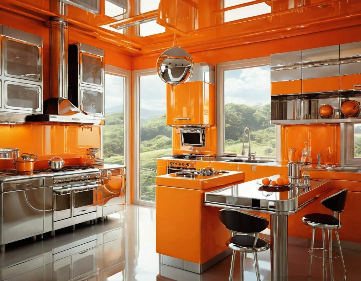 Pristine Chrome Kitchen with Adorable Orange Robot