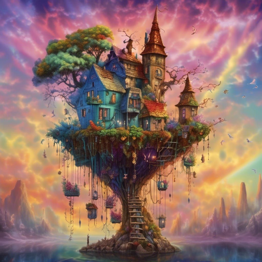 Rainbow Birds Fly Around Cute Birdhouse