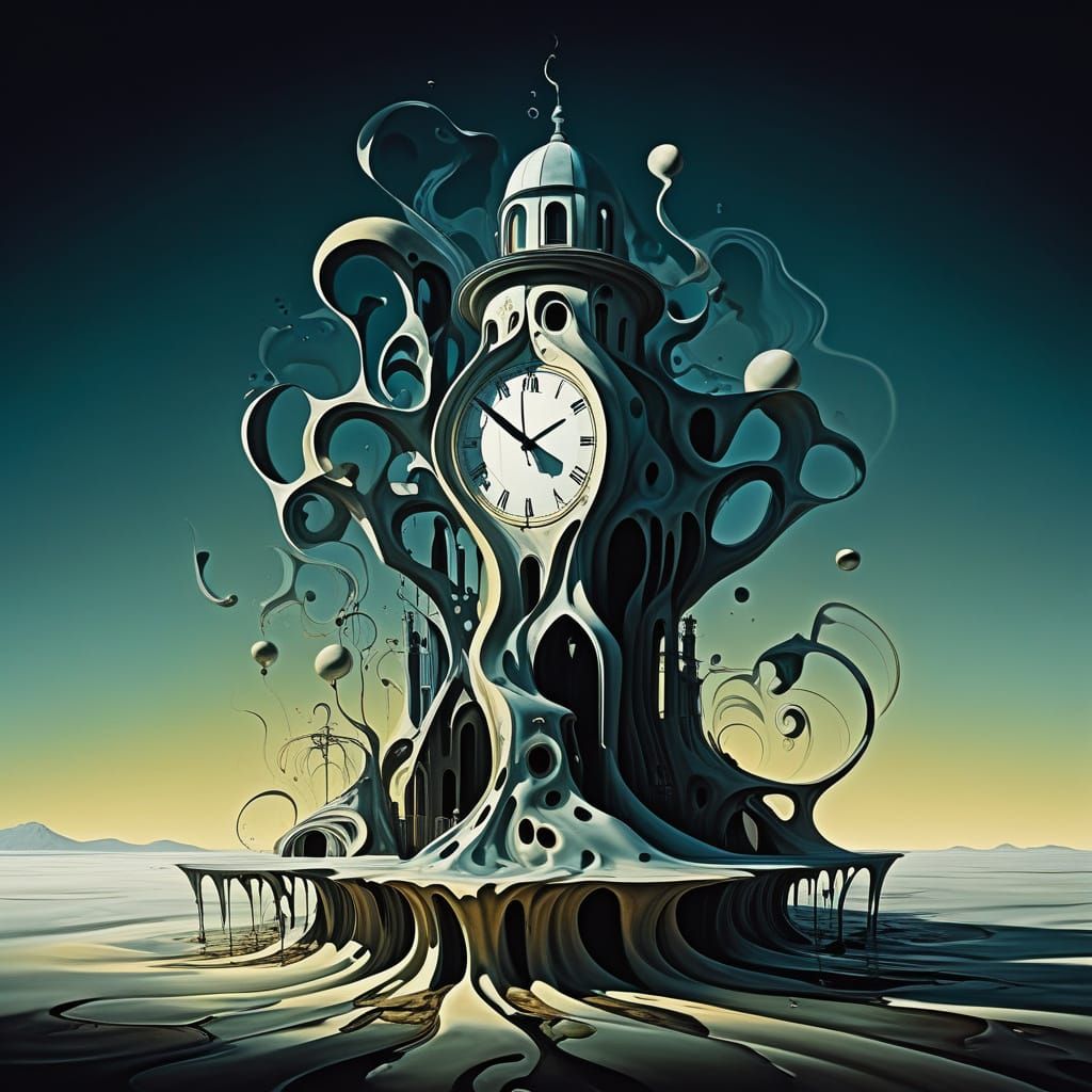 Surrealist Dreamscape: Melting Clock Tower with Wavy Shadows