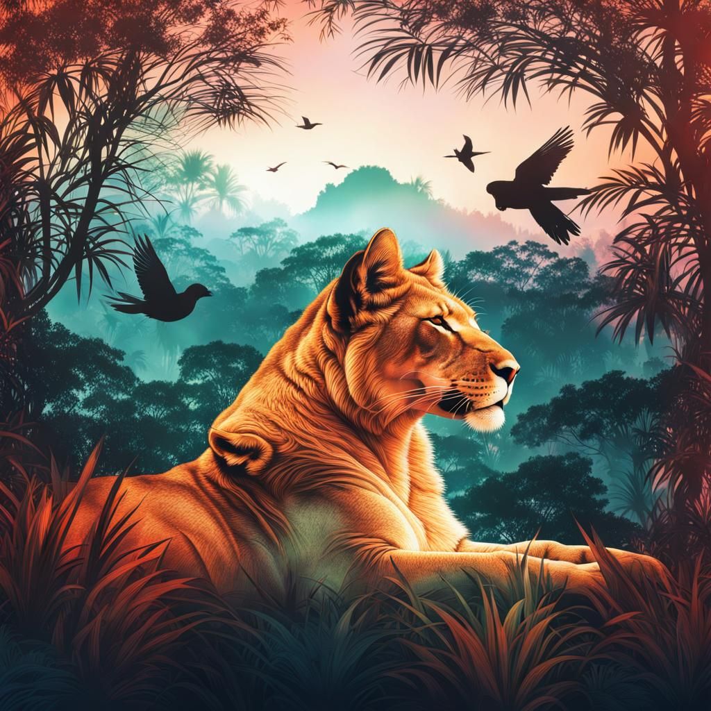 Lioness Double Exposure with Sunrise Jungle