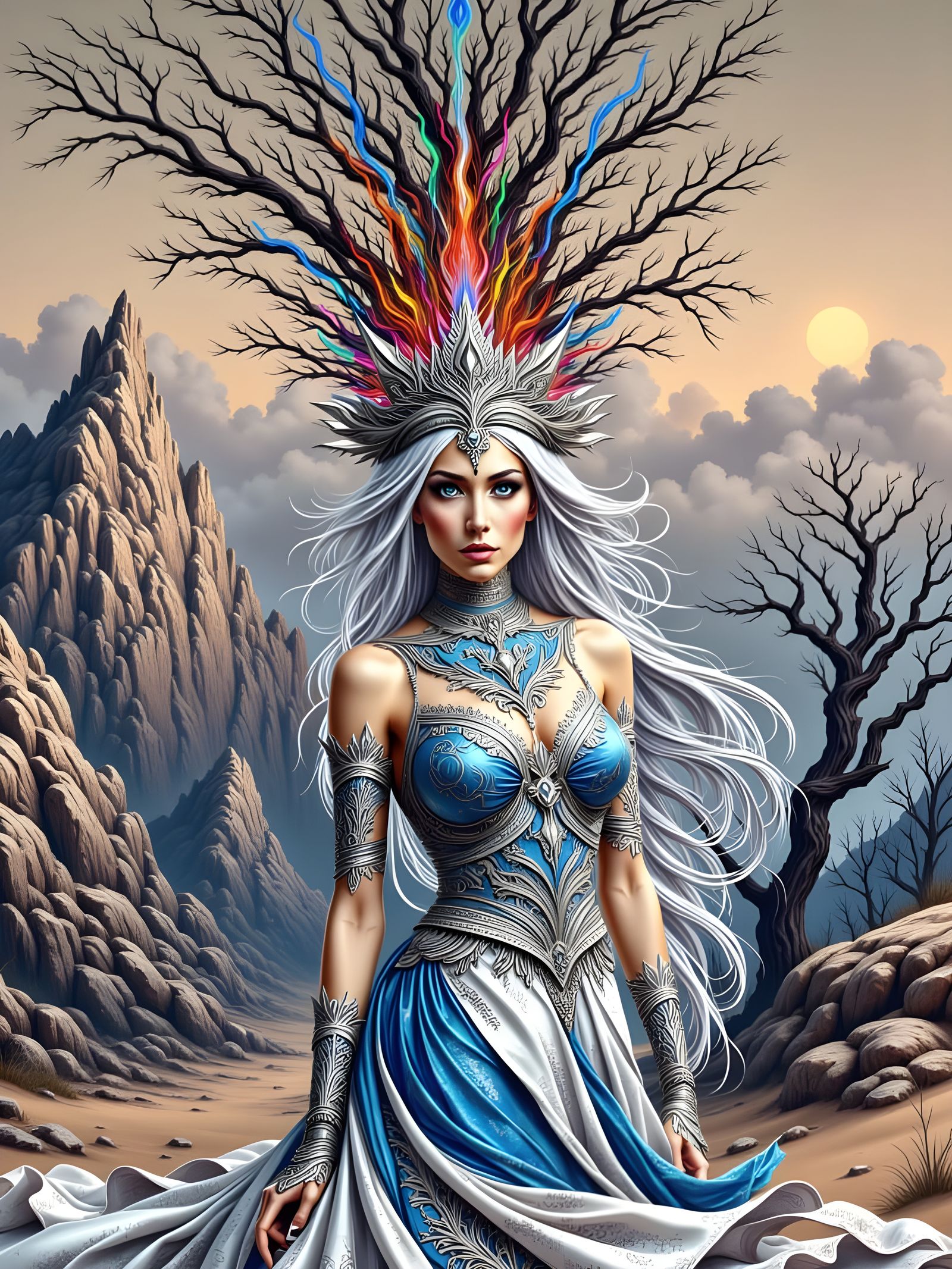 Majestic Goddess Unleashing Magic Amidst Barren Forest