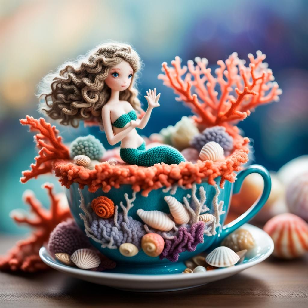 Knitted Mermaid in Teacup: Colorful Wool Art