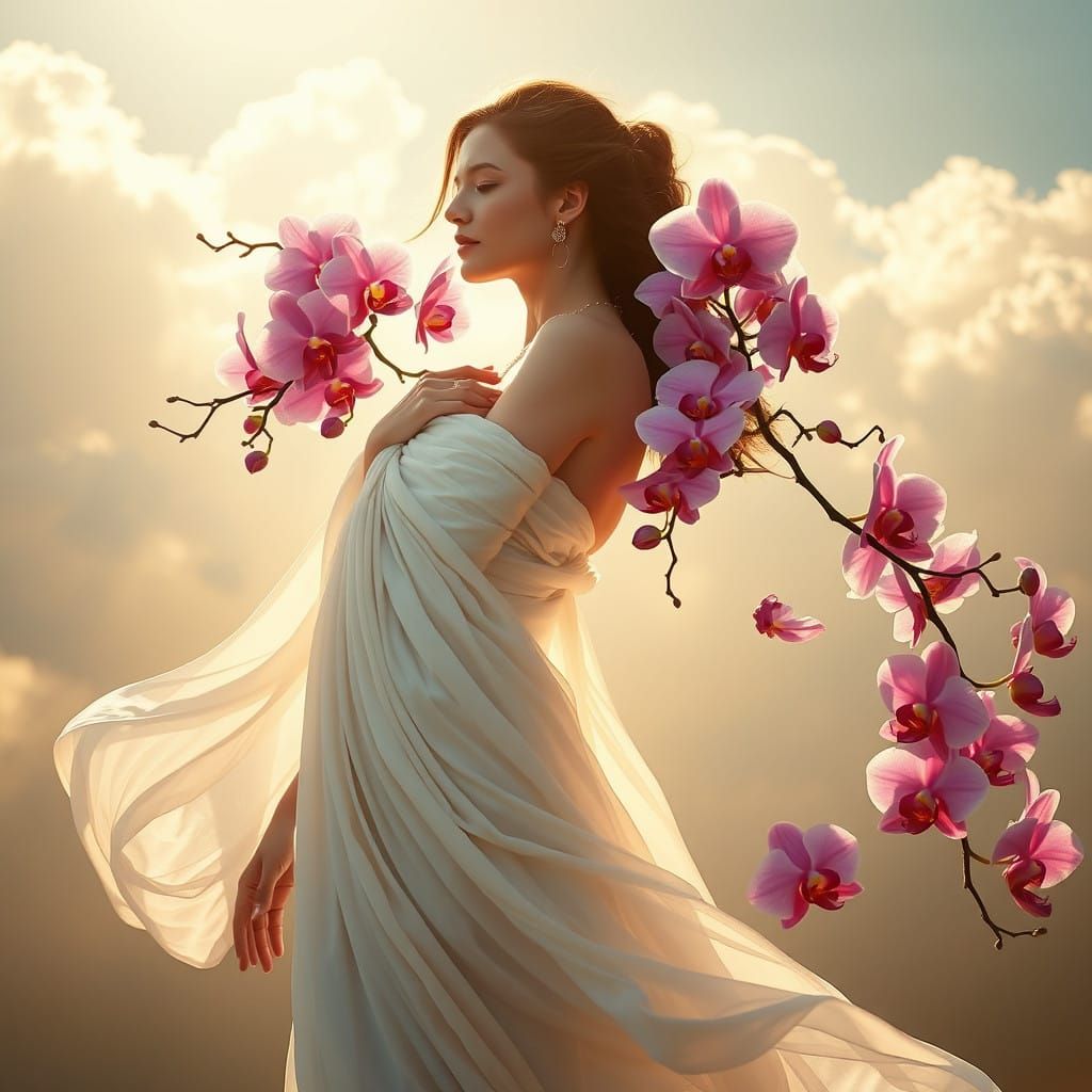 Ethereal Woman in Vibrant Orchid Dance