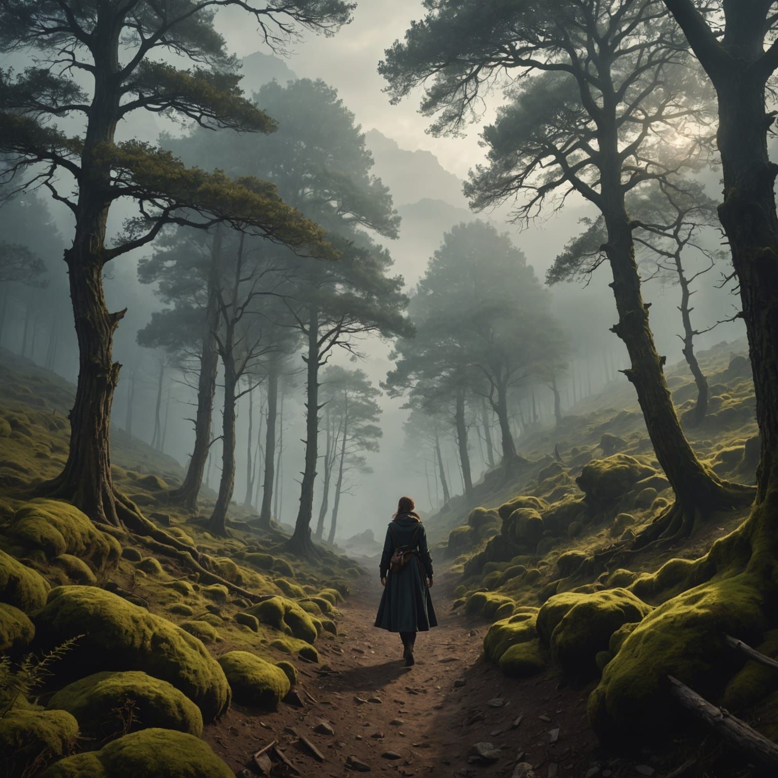 Mysterious Woman on Mountain Path in Digital Painting