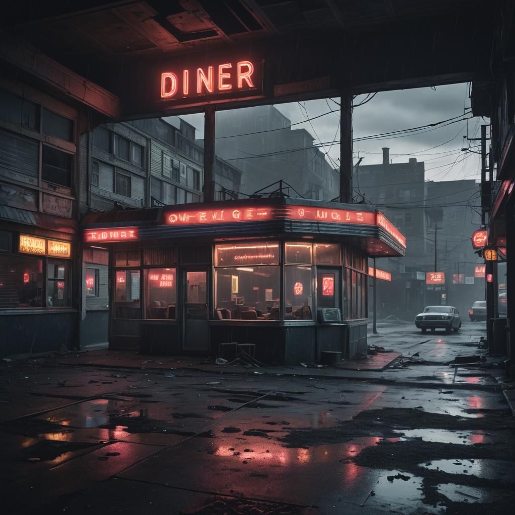Neon Sign Illuminates Abandoned Diner: Digital Matte Paintin...