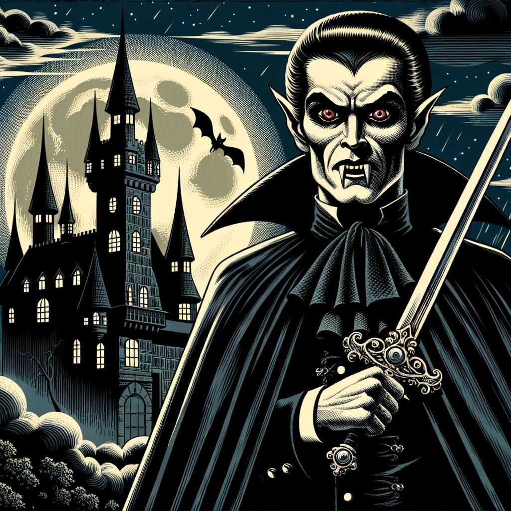 1940's sword and sorcery comic book art cover of Count Dracu...