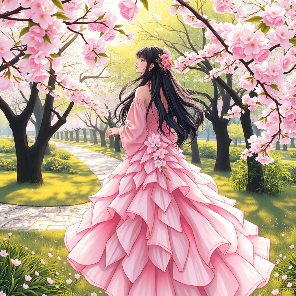 Cherry Blossom Woman Strolls Through Springtime Park