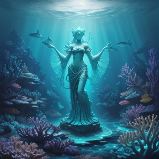 Bioluminescent Coral Grotto with Sea Goddess