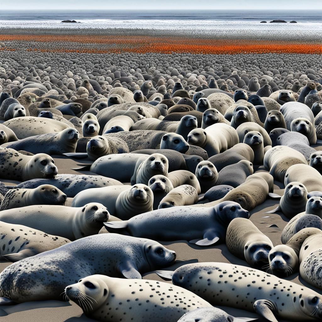 Seals Dominate Grayscale Rocky Beach Landscape