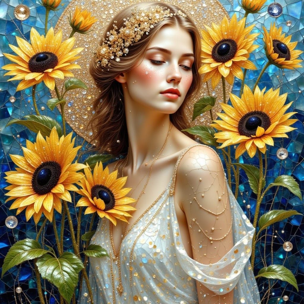 Serene Woman Amidst Vibrant Sunflowers in Mosaic Style