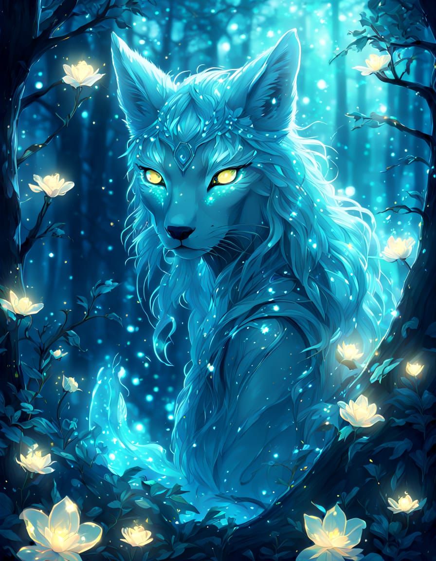 Ethereal Forest Spirit with Glowing Symbols in Manga Style