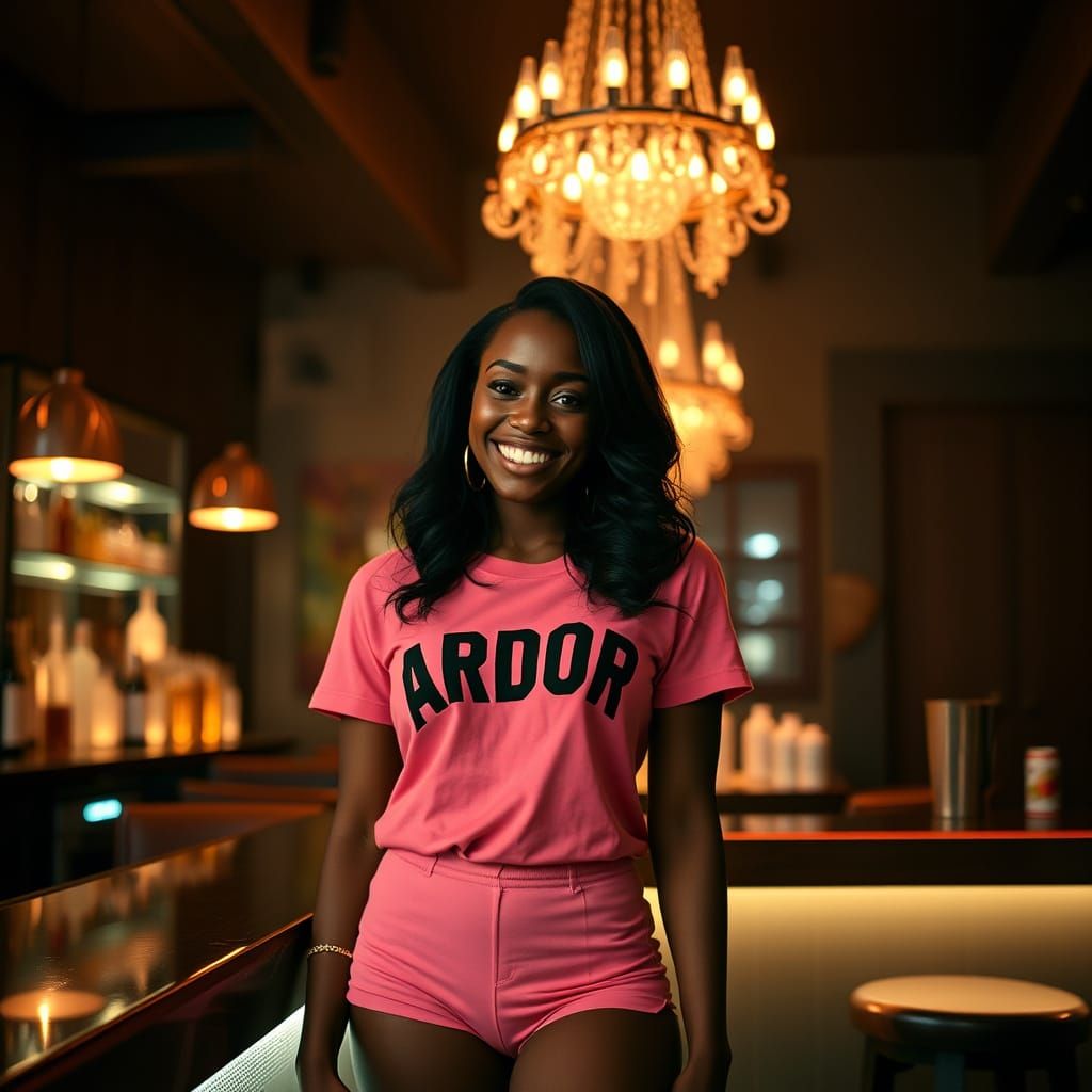 Smiling Woman in Pink in Stylish Bar, Cinematic Style