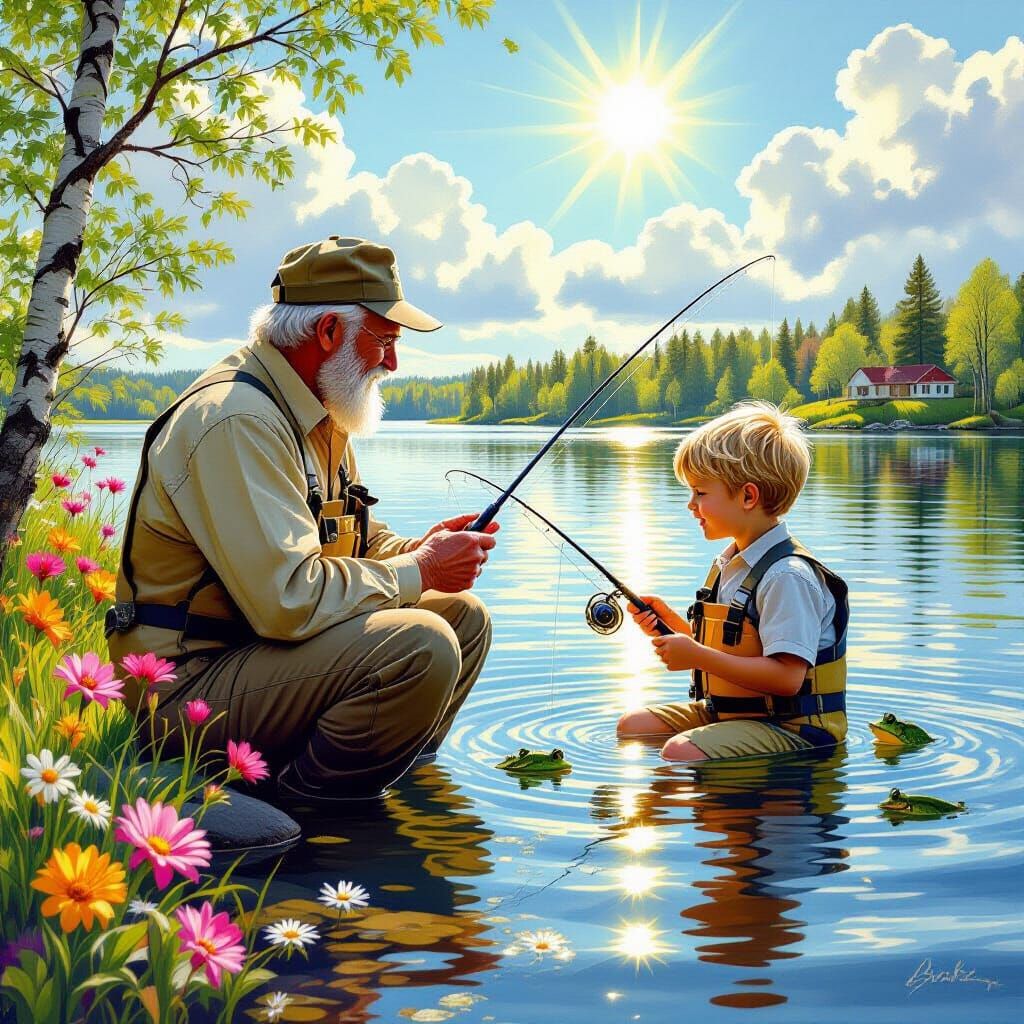 Grandfather and Grandson Fishing in Hyperrealistic Style